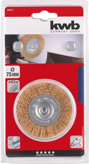 Metallbürste in Verpackung von kwb Germany. Geeignet für Bohrmaschinen, Durchmesser 75 mm, Drahtstärke 0,2 mm.