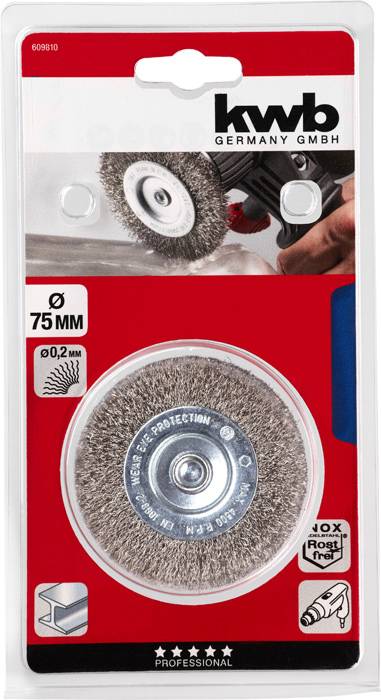 Verpackung mit Drahtbürste für Bohrmaschinen, 75 mm Durchmesser, zur Metallreinigung. Marke: kwb Germany GmbH.