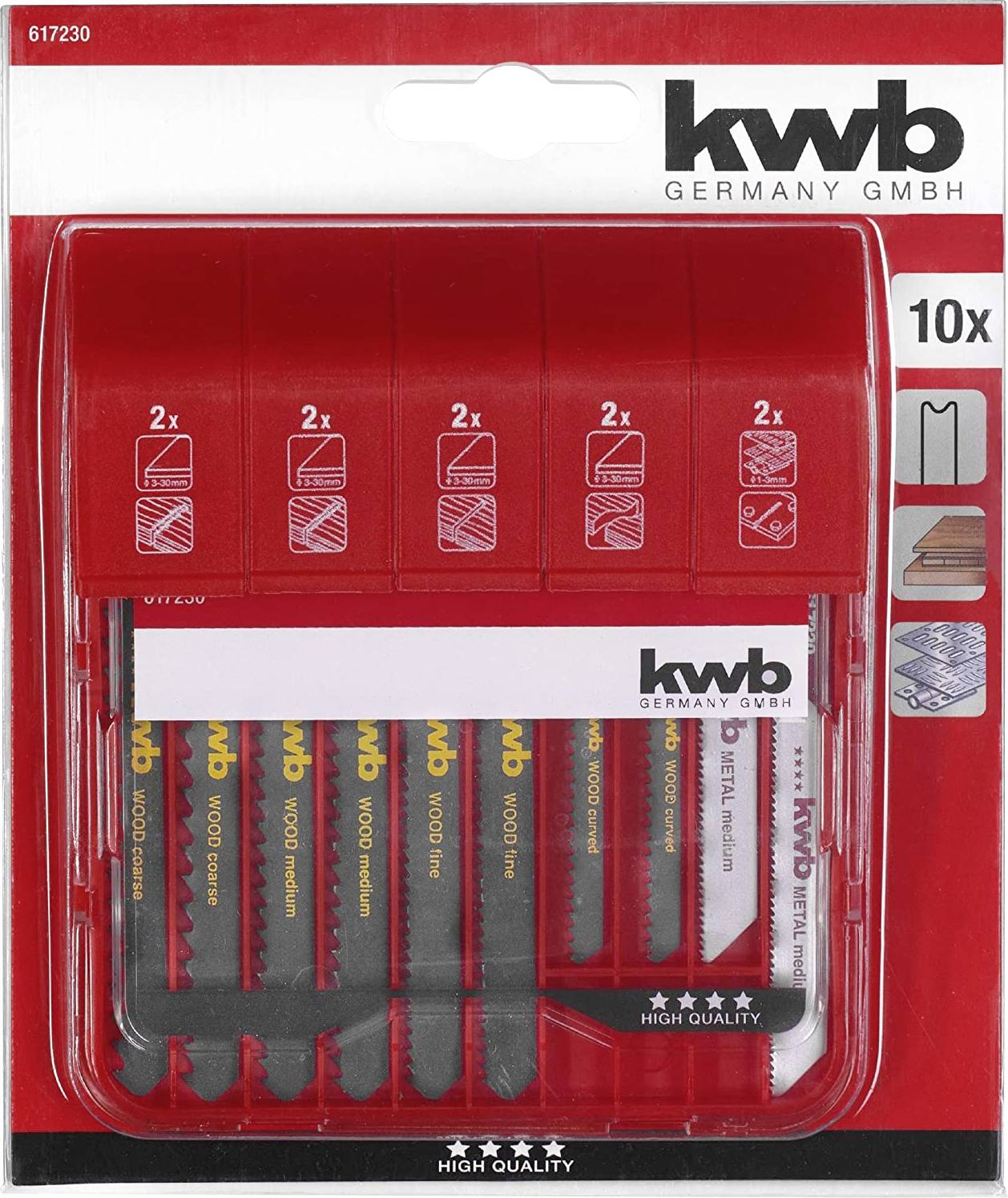 Verpackung mit 10 KWB-Sägeblättern für verschiedene Materialien. Enthält Blätter für Holz, Metall und Kunststoff, je zwei Stück pro Material.