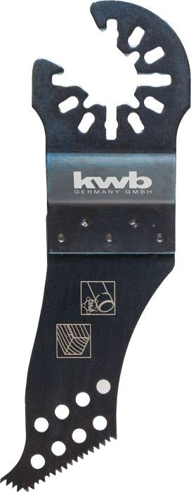 'KwB' Sägeblatt Zubehör für Multitool, mit gezackter Kante und Bohrungen, geeignet für Holzbearbeitung, Markenaufschrift sichtbar.