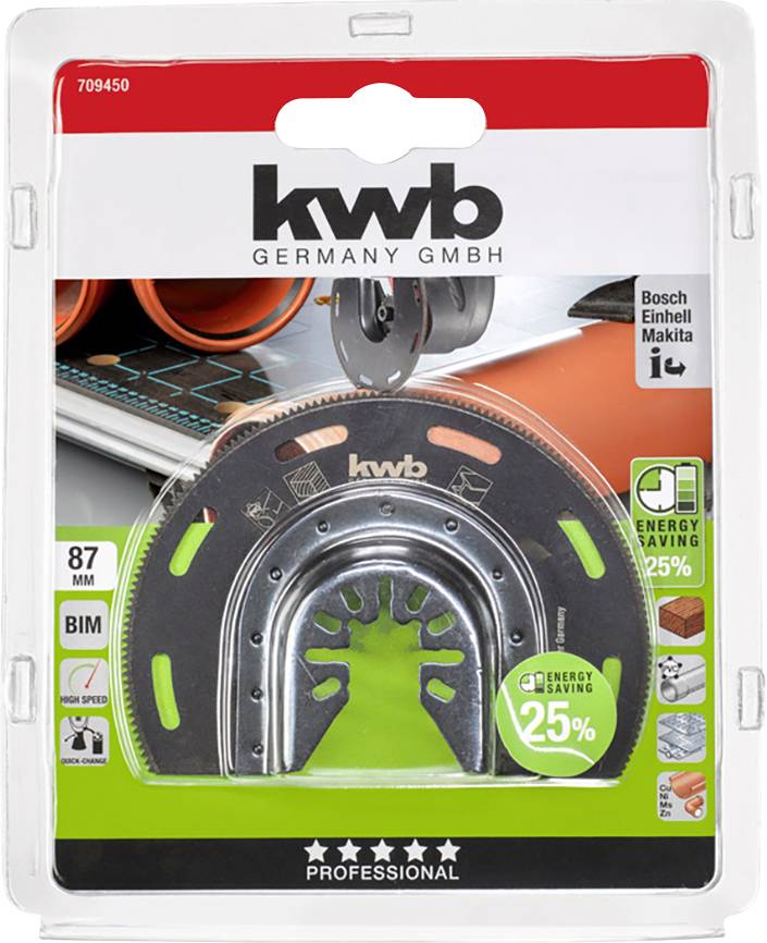 'kwb 709450' Sägeblatt von KWB in Blisterverpackung, zeigt Energieeinsparung von 25%, kompatibel mit Bosch, Einhell, Makita.