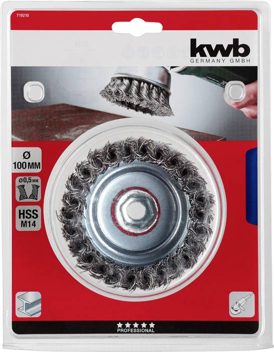 'Kwb Germany GmbH' Drahtbürste Verpackung, zeigt Rundbürste mit Aufsatz. Geeignet für Reinigung von Metalloberflächen. Durchmesser 100 mm.