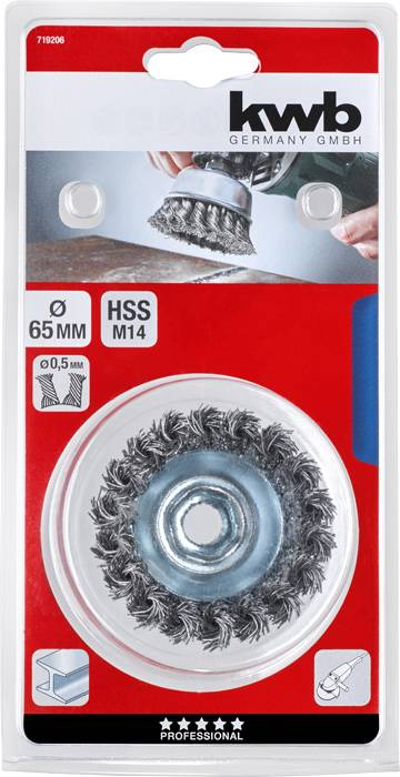 'Kwb' Verpackung eines Drahtbürstenaufsatzes, 65 mm Durchmesser, zum Schleifen. Markante Spiraldrahtbürste, Anwendungsbeispiel oben.