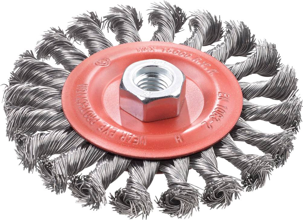 Runde Drahtbürste mit Stahldrahtborsten und rotem Metallkopf, verwendet zur Reinigung und zum Rostentfernen an metallischen Oberflächen.