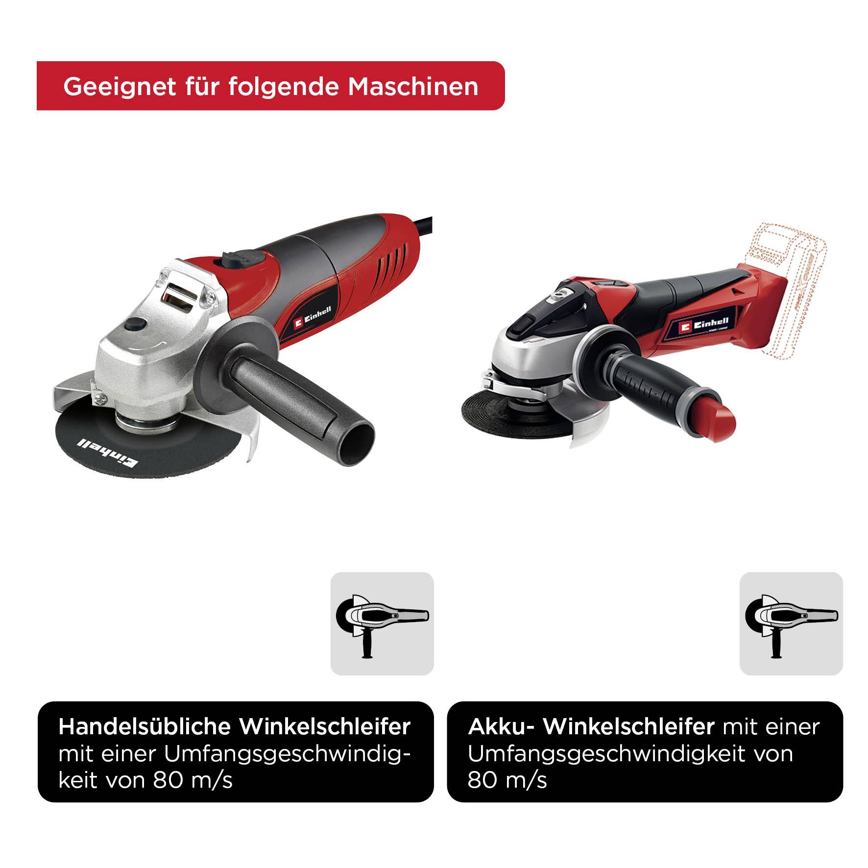 Geeignet für folgende Maschinen: Handelsübliche Winkelschleifer mit einer Umfangsgeschwindigkeit von 80 m/s. Akku-Winkelschleifer mit einer Umfangsgeschwindigkeit von 80 m/s.