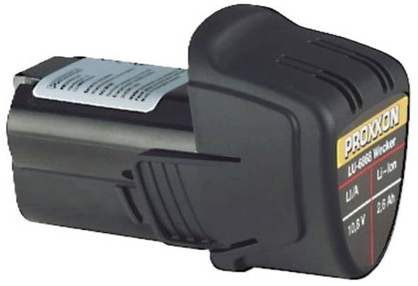 Ein schwarzer und grauer Proxxon Li-Ion-Akkucharger mit einem Etikett, das „10,8 V