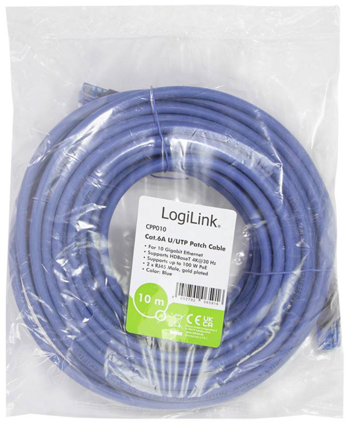 LogiLink Cat.6A U/UTP Patch-Kabel, 10 m, blau, unterstützt 10 Gbit/s, verpackt in Kunststoffbeutel.