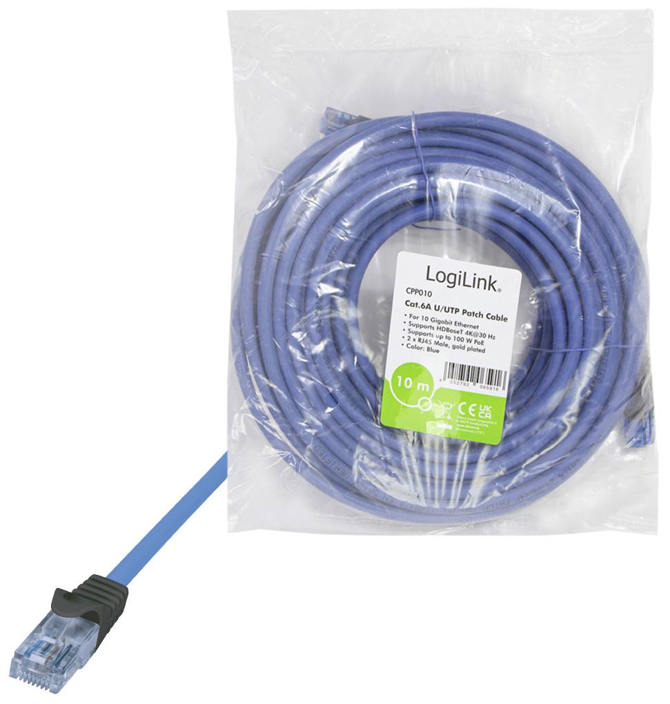 LogiLink CPP010 RJ45 Netzwerkkabel, Patchkabel CAT 6a U/UTP 10m Blau Flammwidrig, Halogenfrei, mit Knickschutztülle, mit
