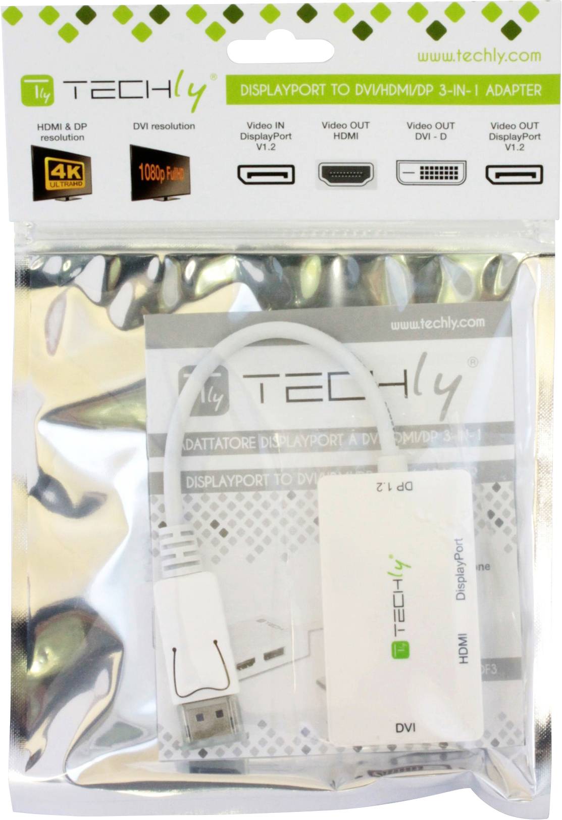 TECHly IADAP-DP-COMBOF3 DVI / DisplayPort / HDMI Adapter [1x DisplayPort Stecker - 3x HDMI-Buchse, DisplayPort Buchse] Weiß