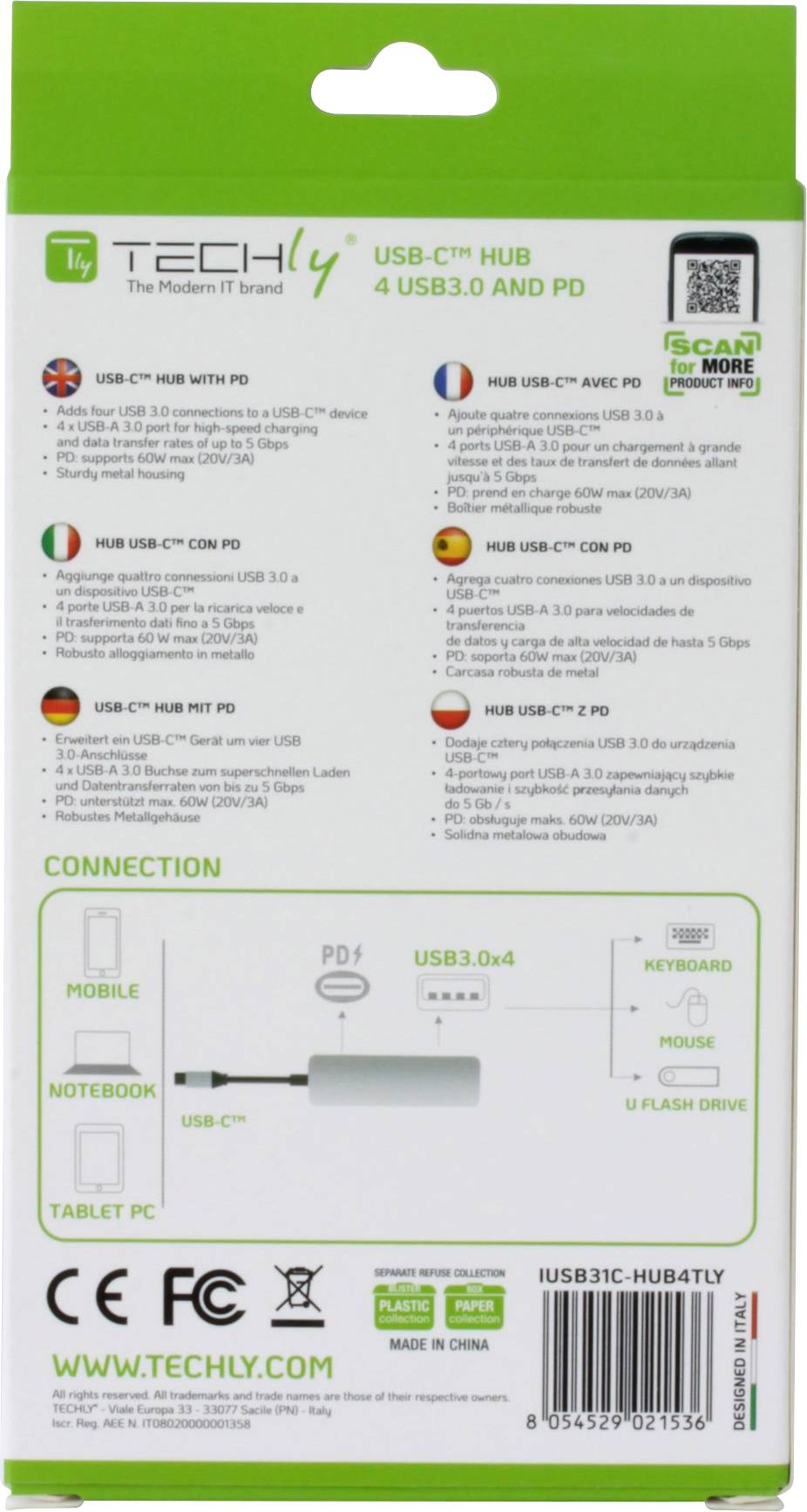 TECHly IUSB31C-HUB4TLY USB-Hub USB-A (USB 3.2 Gen 1), USB-C® Aluminium (gebürstet) IUSB31C-HUB4TLY