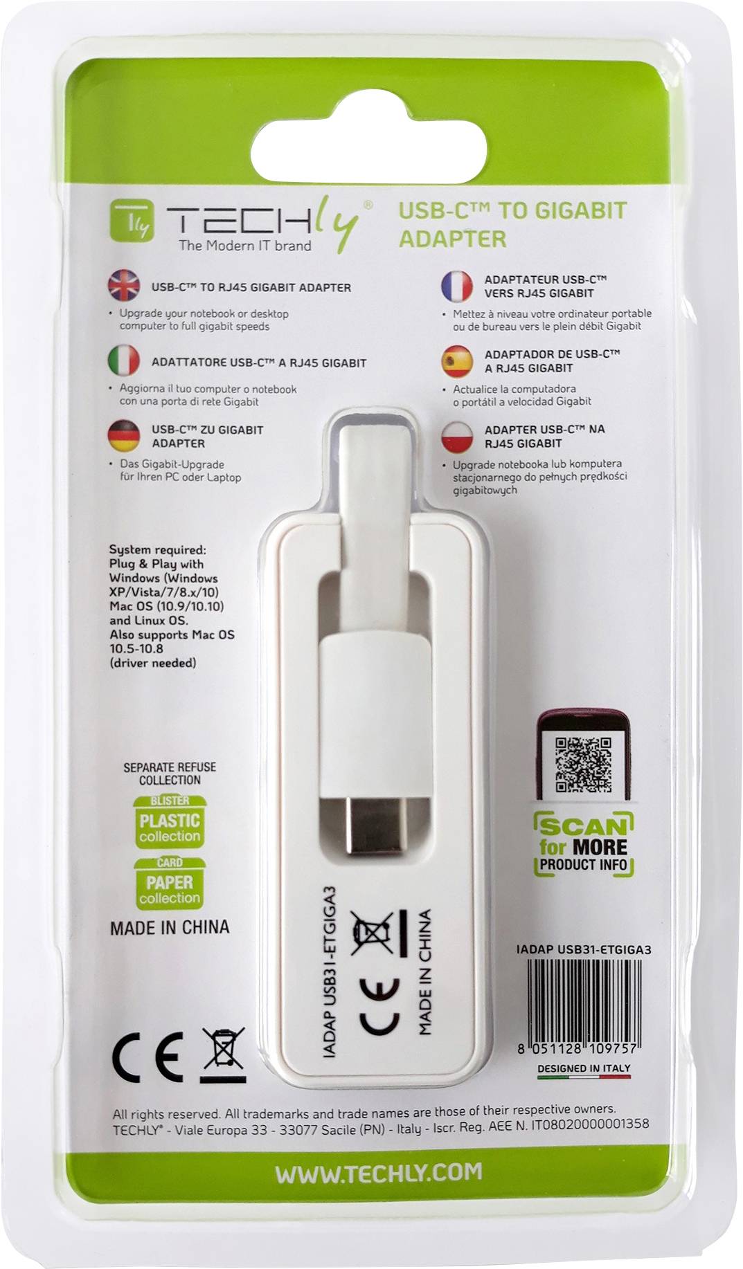 TECHly IADAP-USB31-ETGIGA3 Adapter 5 GBit/s USB-C® USB 3.2 (Gen 2), RJ45