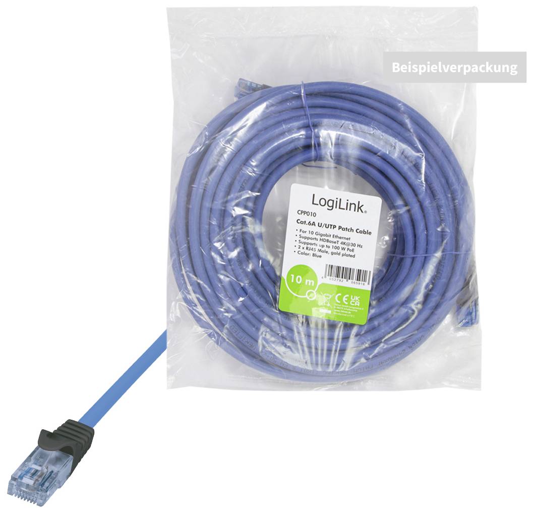 Blaues Ethernet-Kabel, Cat.6 U/UTP, 10 Meter. Verpackung zeigt das Kabel und den Stecker. Marke 'LogiLink'.