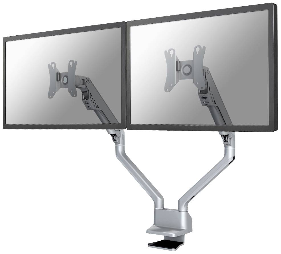 Zwei Bildschirmhalterungen mit verstellbaren Armen, montiert auf einem Schreibtisch. Monitore fehlen. Geeignet für ergonomische Arbeitsplätze.