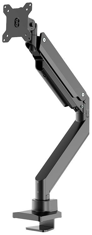 Monitorhalterung in schwarz mit einem flexiblen, höhenverstellbaren Arm und einer Klemme zur Befestigung an einem Tisch.