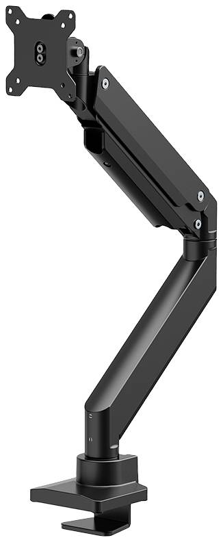 Ein schwarzer, flexibler Monitorarm mit Dreh- und Neigungsfunktion. Befestigt an einer Tischhalterung. Ideal zur ergonomischen Monitorausrichtung.