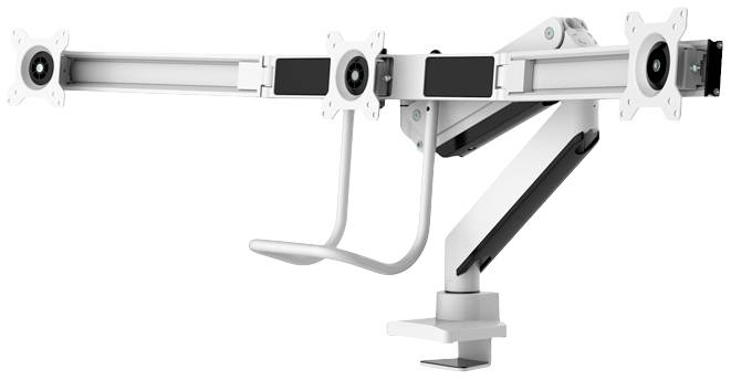 Monitorhalterung mit vier Armen, horizontal angeordnet. Jeder Arm hat eine VESA-Halterung für Monitore. Befestigung über Klemmsystem. Ideal für Mehrbildschirm-Setups.