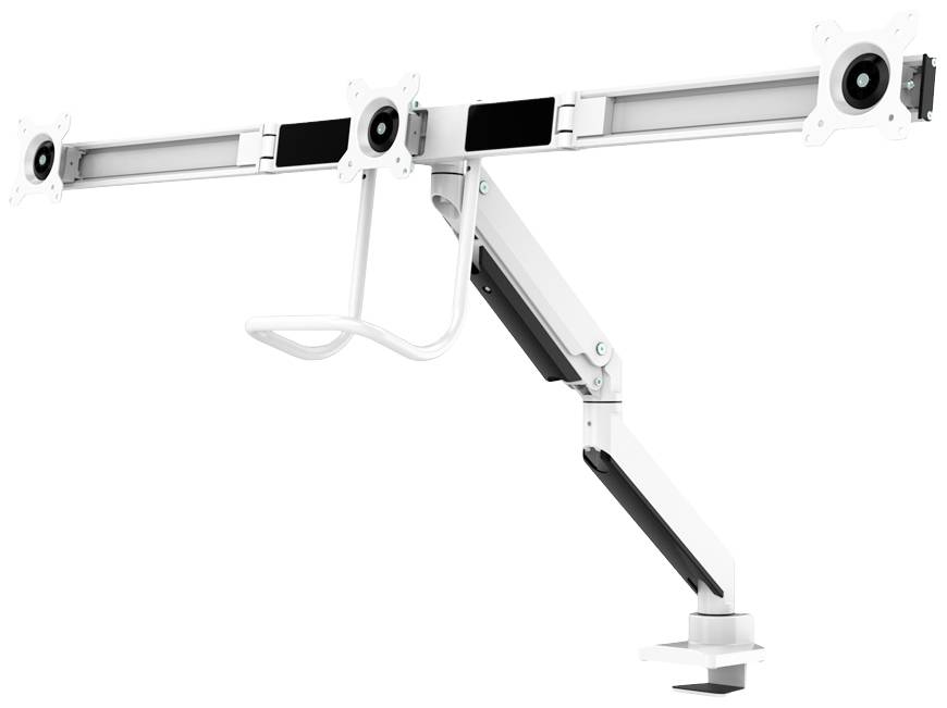 Ein weißer, verstellbarer Monitorarm mit drei Halterungen zur Befestigung von Bildschirmen, geeignet für ergonomische Arbeitsplätze.