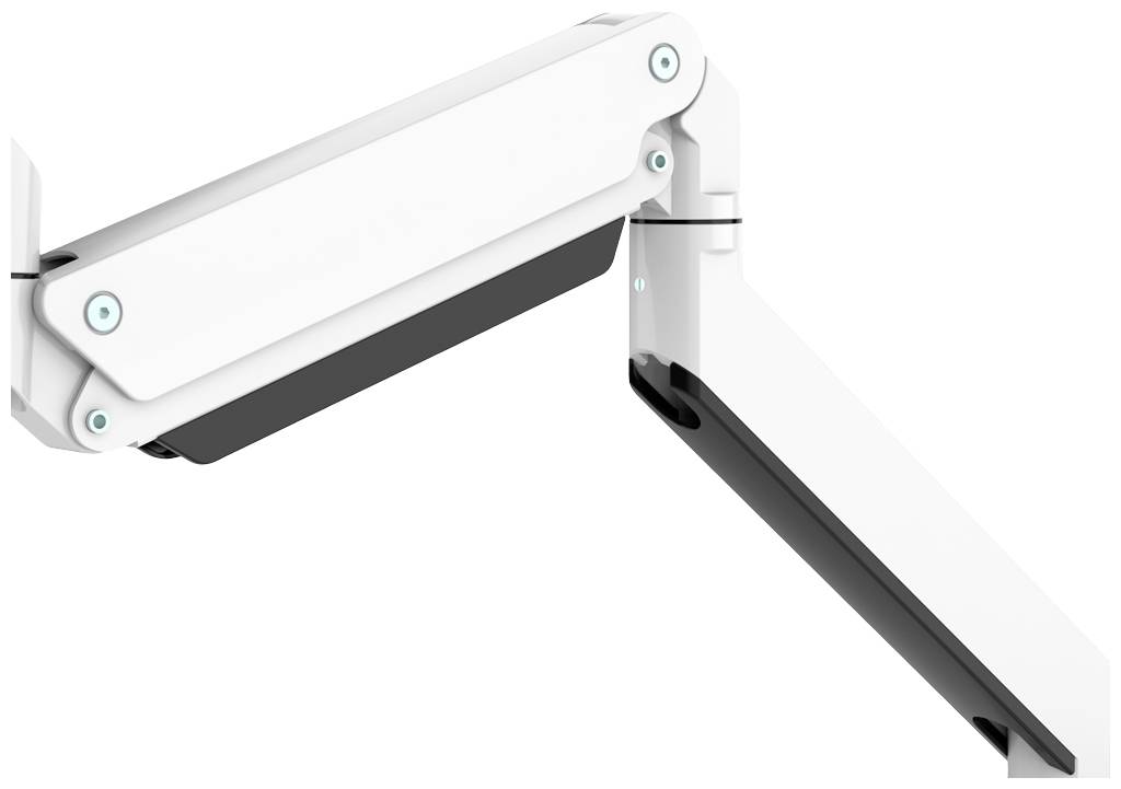 Ein verstellbarer, weißer Arm einer Halterung, die für Monitore oder andere Geräte geeignet ist, zeigt nach oben und zur Seite.