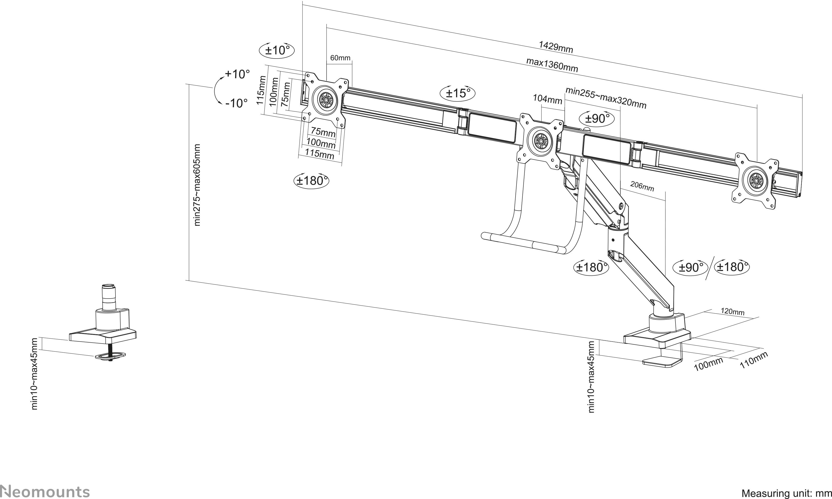 'Zeichnung eines neomounts' Monitorarms mit Maßen und Einstellmöglichkeiten. Der Arm ist schwenkbar, neigbar und rotierbar. Maßeinheit: mm.