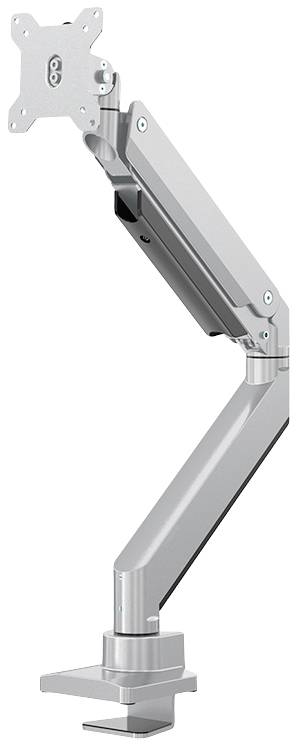 Ein silberner Monitorarm mit Gelenken für flexible Bildschirmpositionierung. Geeignet zur Befestigung an einem Schreibtisch.