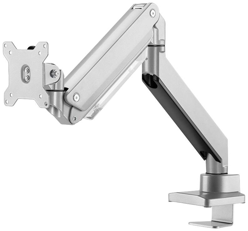 Ein silberner Monitorarm zur Tischbefestigung. Er hat ein Gelenkdesign für flexible Einstellungen und Neigungen.