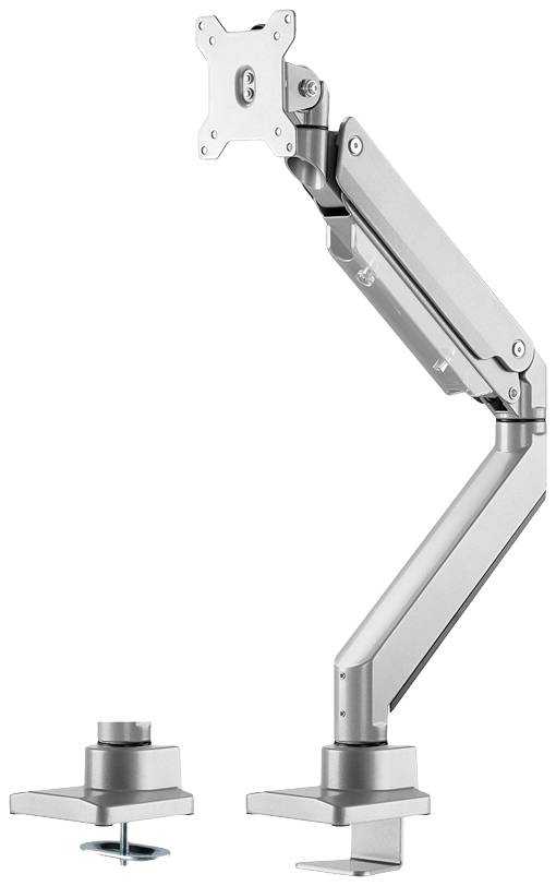 Ein silberner, verstellbarer Monitorarm mit Tischhalterung, geeignet zur Befestigung eines Monitors an einem Schreibtisch.