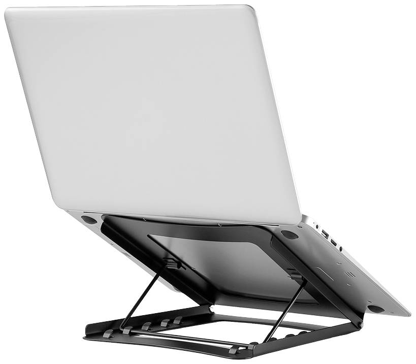Ein Laptop auf einem verstellbaren, schwarzen Ständer aus Metall, der den Bildschirm für ergonomisches Arbeiten erhöht.