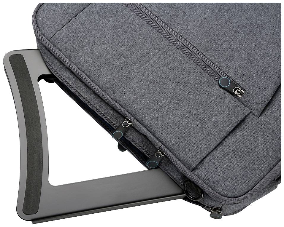 Eine graue Aktentasche mit drei Reißverschlüssen, auf einem Trolley-Griff befestigt. Ideal für Geschäftsreisen.