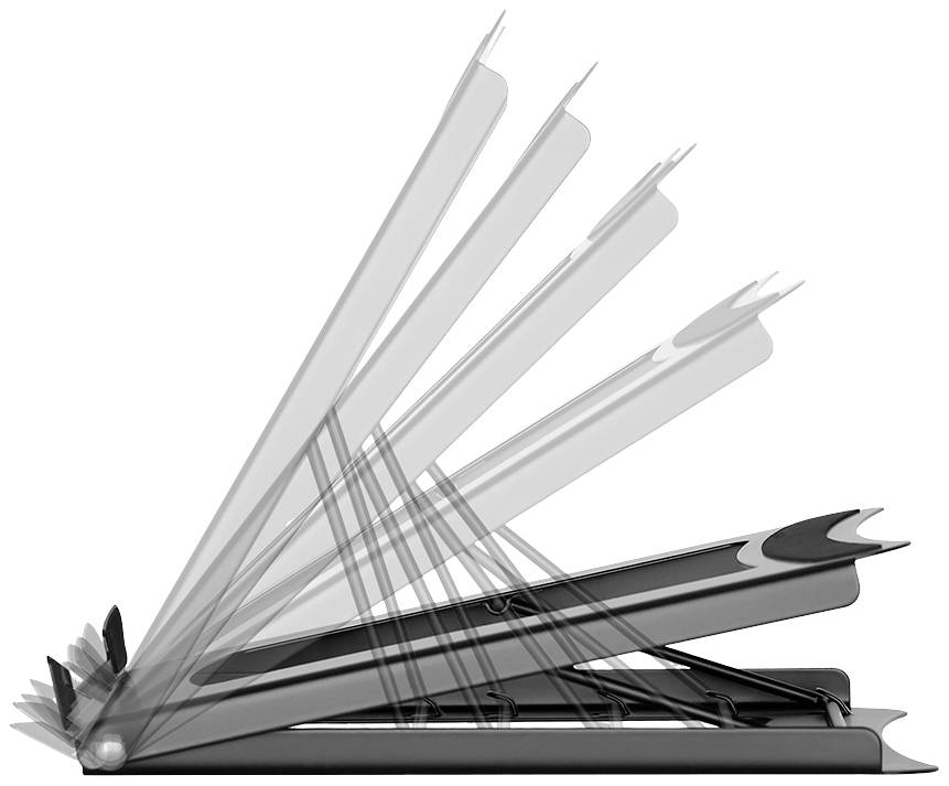 Laptopständer in mehreren Höhen verstellbar, seitliche Ansicht. Zeigt die Anpassungsfähigkeit und Höhenoptionen.