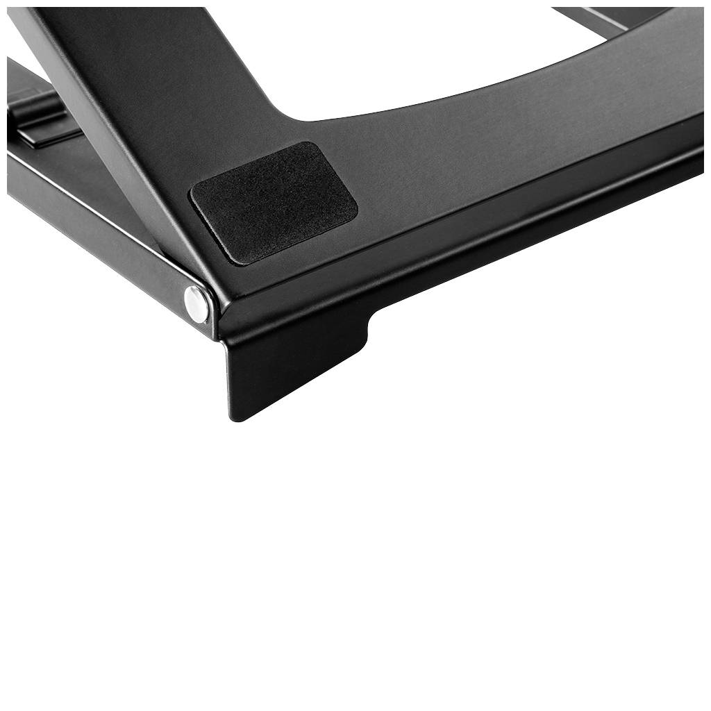 Ein schwarzer Laptopständer aus Metall in seitlicher Ansicht, zeigt die Struktur und Stabilität des Designs.