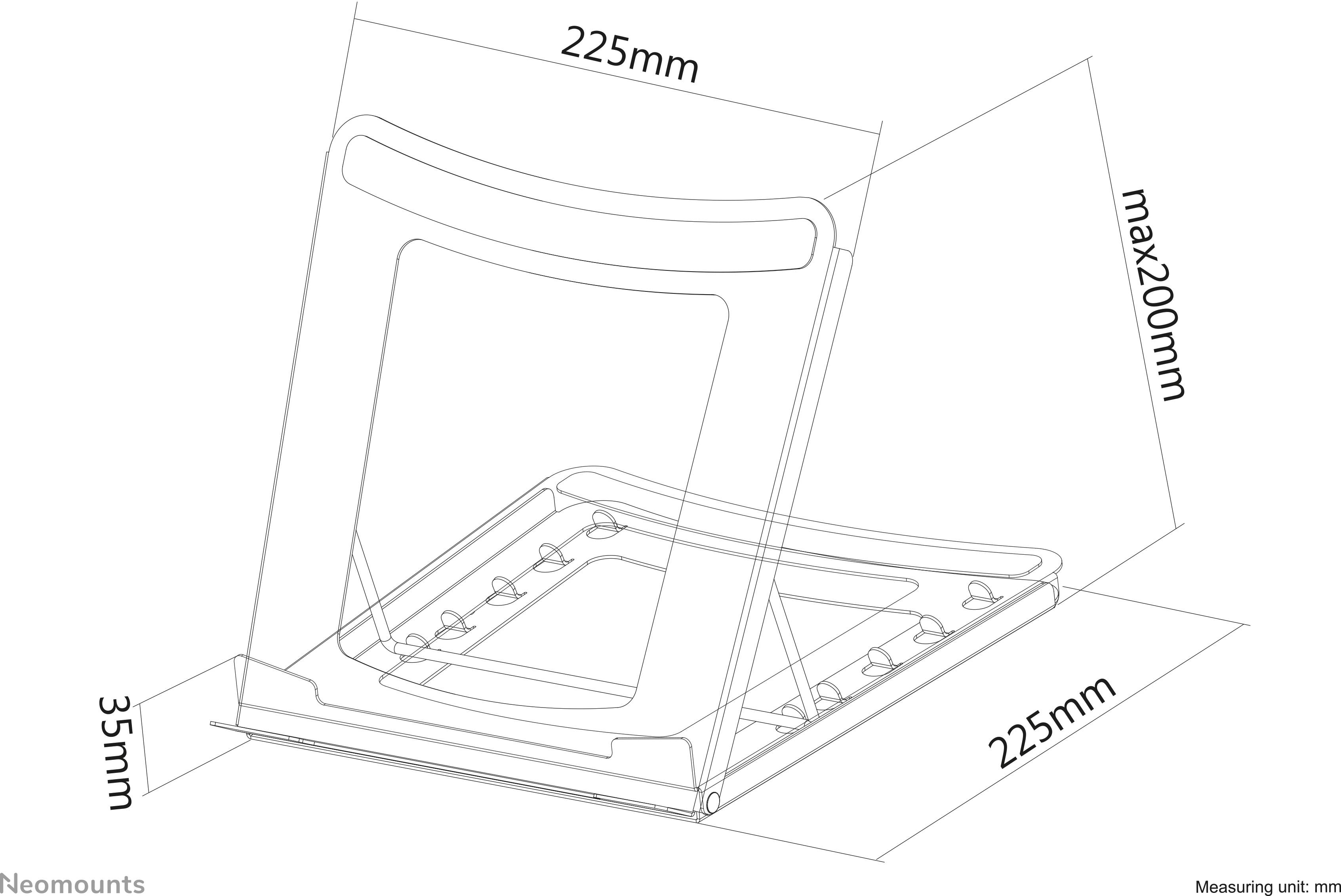 Dreidimensionale Skizze eines Tablet-Ständers. Maße: Breite 225mm, Tiefe 225mm, maximale Höhe 200mm, Unterkante 35mm.