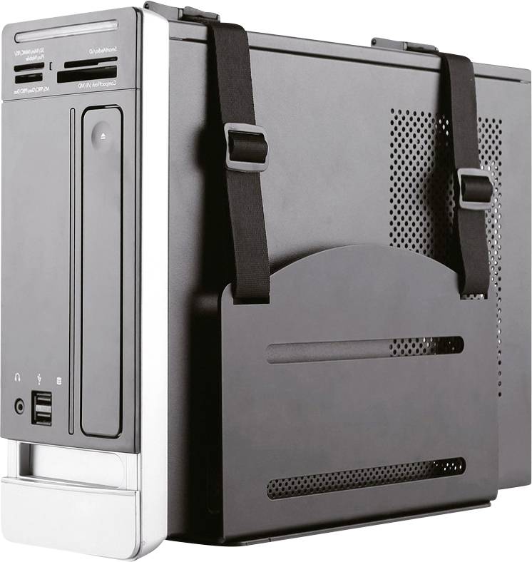 Ein Desktop-Computergehäuse mit schwarzem Montagehalter, der mit zwei Gurten gesichert ist. Das Gehäuse hat mehrere Eingangssteckplätze.