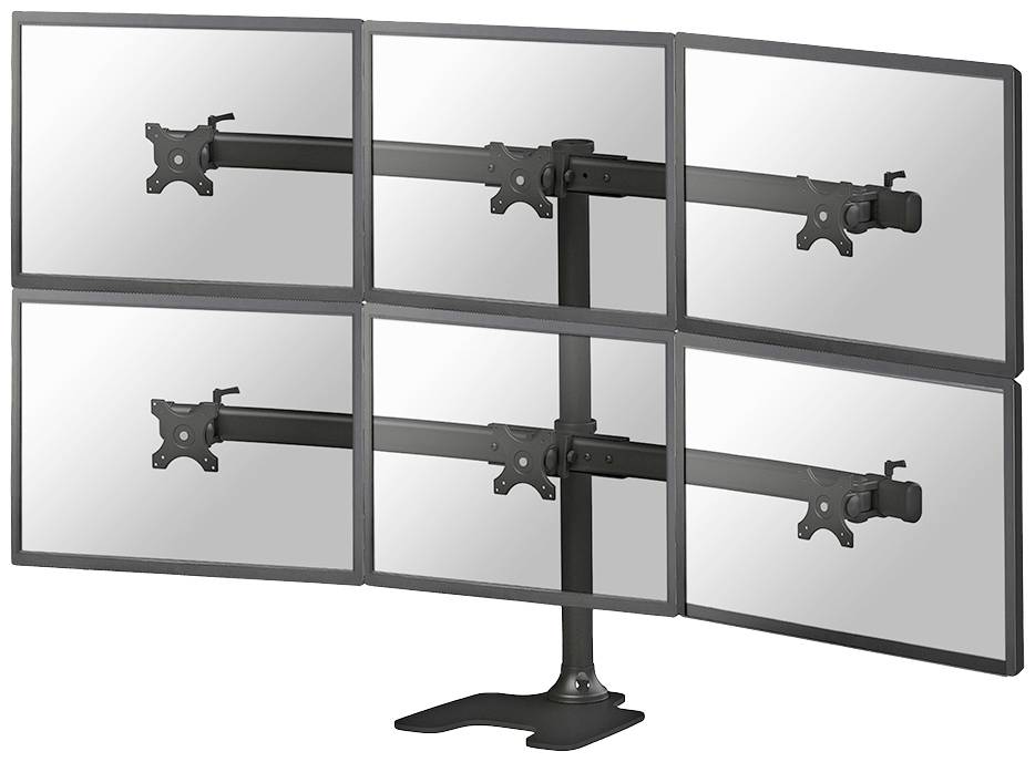 Sechfacher Monitorständer mit sechs leeren, nebeneinander angeordneten Monitorrahmen auf einem zentralen Standfuß.