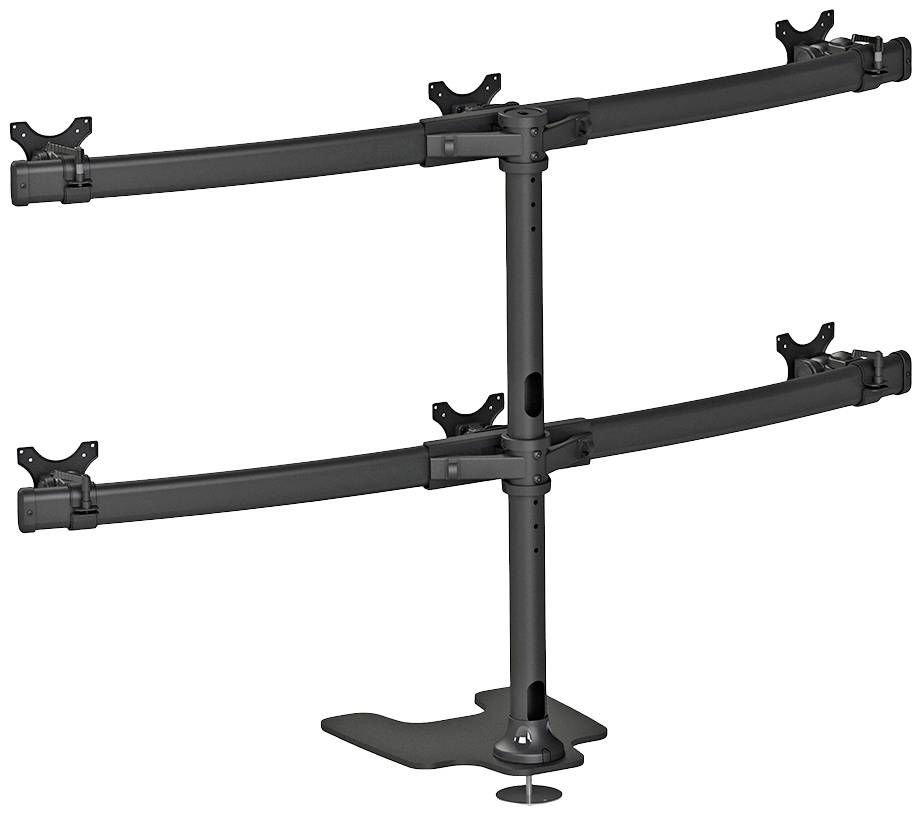 Doppelter Monitorhalter aus schwarzem Metall mit stabiler Basis und verstellbaren Armen. Designed zur Befestigung von zwei Bildschirmen.