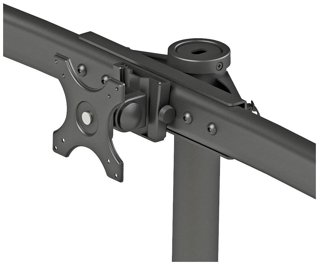 Metallische Halterung für einen Bildschirm, geeignet zur Befestigung an einem Arm oder einer Stange, mit Schrauben zur Justierung.