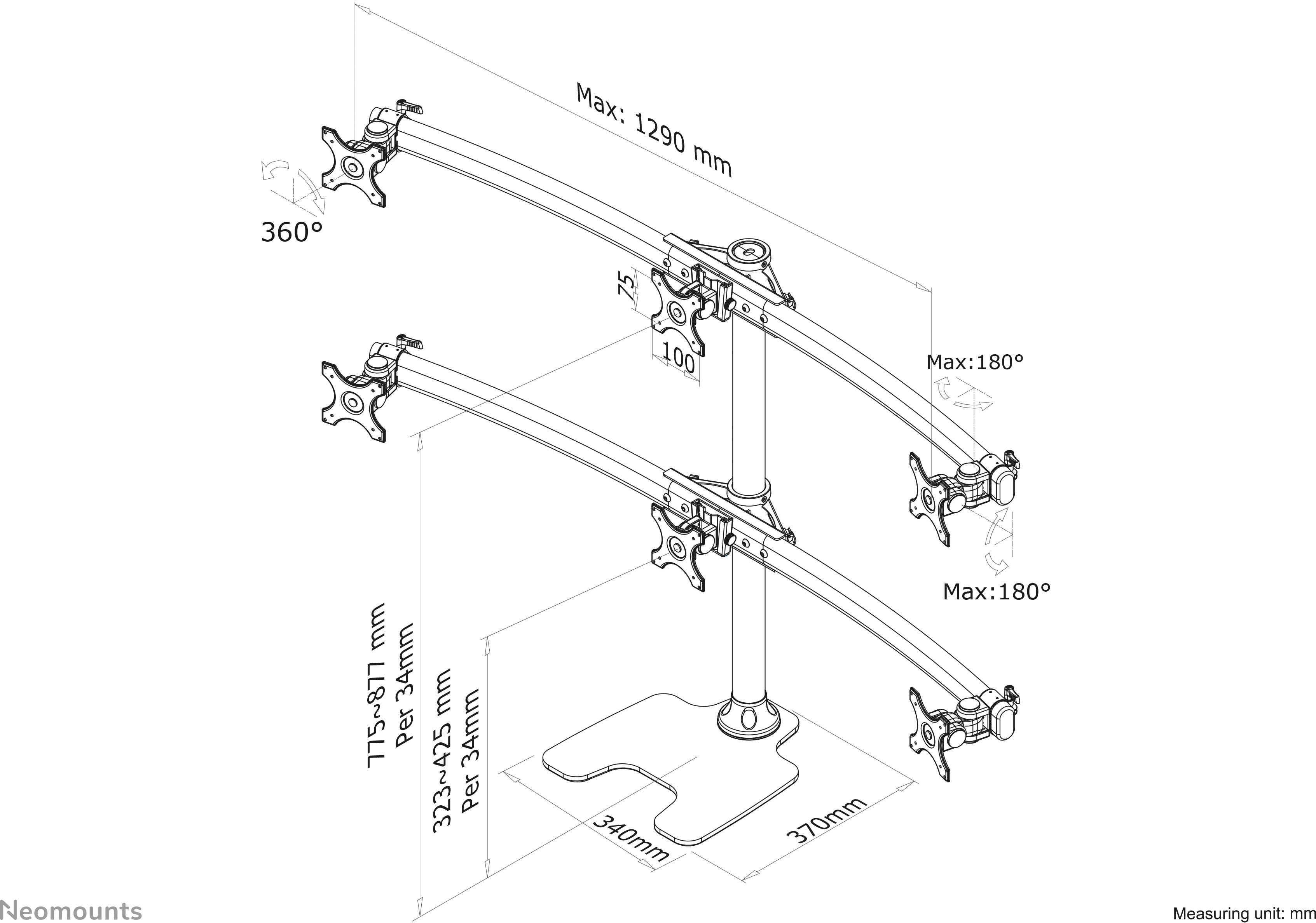 Technische Zeichnung eines Monitorständers mit vier schwenkbaren Armen. Maximale Breite: 1290 mm. Kompatible VESA-Größen: 75x75, 100x100 mm.