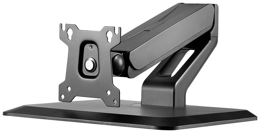 Schwarzer Monitorständer mit VESA-Halterung, verstellbarem Arm und stabiler Basis. Geeignet für Monitore, bietet flexible Ausrichtung.