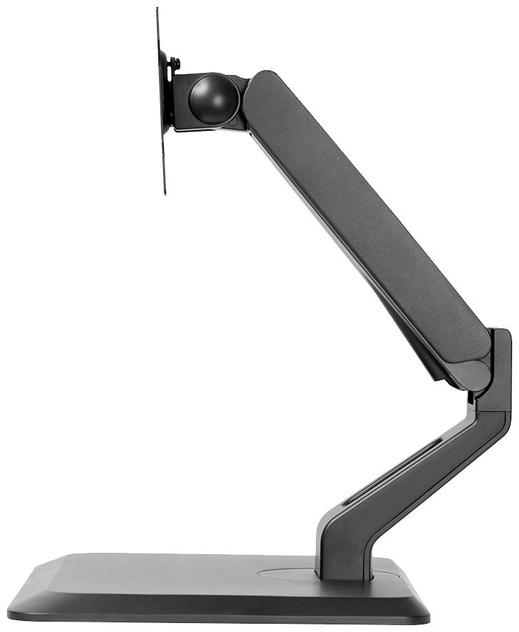 Ein verstellbarer Monitorarm aus schwarzem Metall, seitlich dargestellt, mit Gelenken zur Anpassung der Bildschirmhöhe und Neigung.