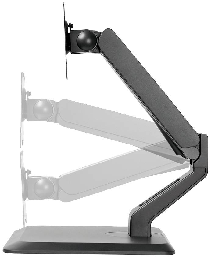 Ein verstellbarer Monitorarm zeigt drei mögliche Positionen durch Überlagerungen. Ideal zur flexiblen Monitoreinstellung.