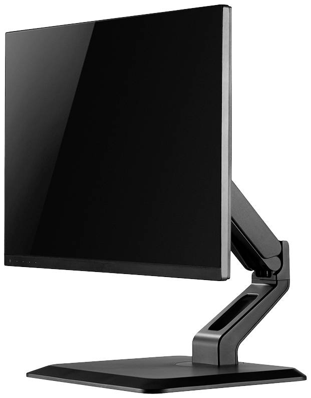 Ein moderner, schwarzer Computermonitor auf einem verstellbaren Standfuß. Der Bildschirm ist ausgeschaltet.