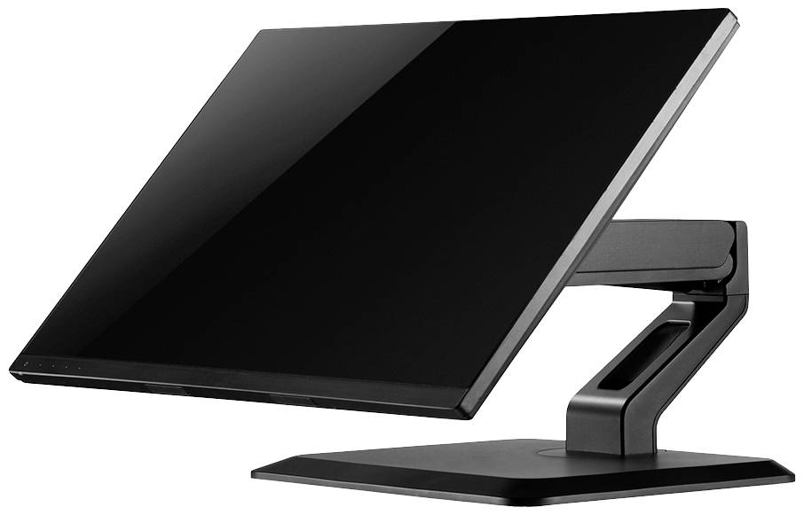 Ein schwarzer, moderner Computermonitor mit verstellbarem Standfuß in seitlicher Ansicht, Bildschirm zeigt keine Inhalte.