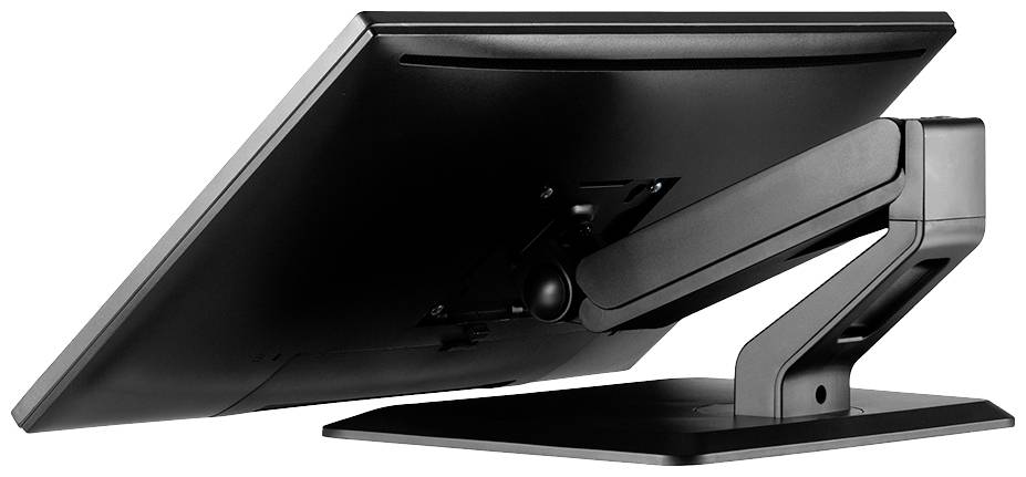 Ein schwarzer Computermonitor von hinten, montiert auf einem beweglichen Arm, der eine flexible Positionierung ermöglicht.