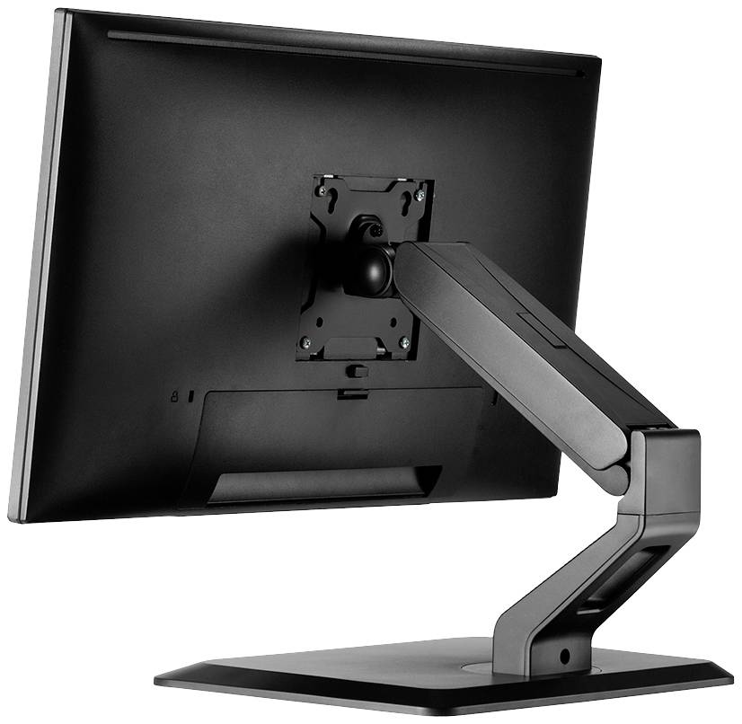 Ein schwarzer Computermonitor von hinten, montiert auf einem verstellbaren Arm, der Höhe und Winkel flexibel anpassbar macht.