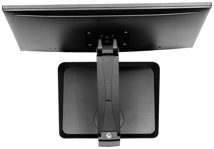 Ein Computerbildschirm von oben gesehen, zeigt eine verstellbare Halterung.