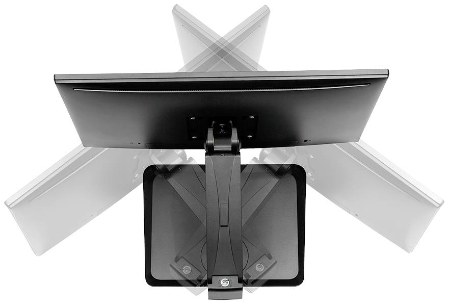 Ein Monitor von hinten aus verschiedenen Blickwinkeln gezeigt, zeigt die Schwenk- und Neigungsfunktionen des Bildschirms.