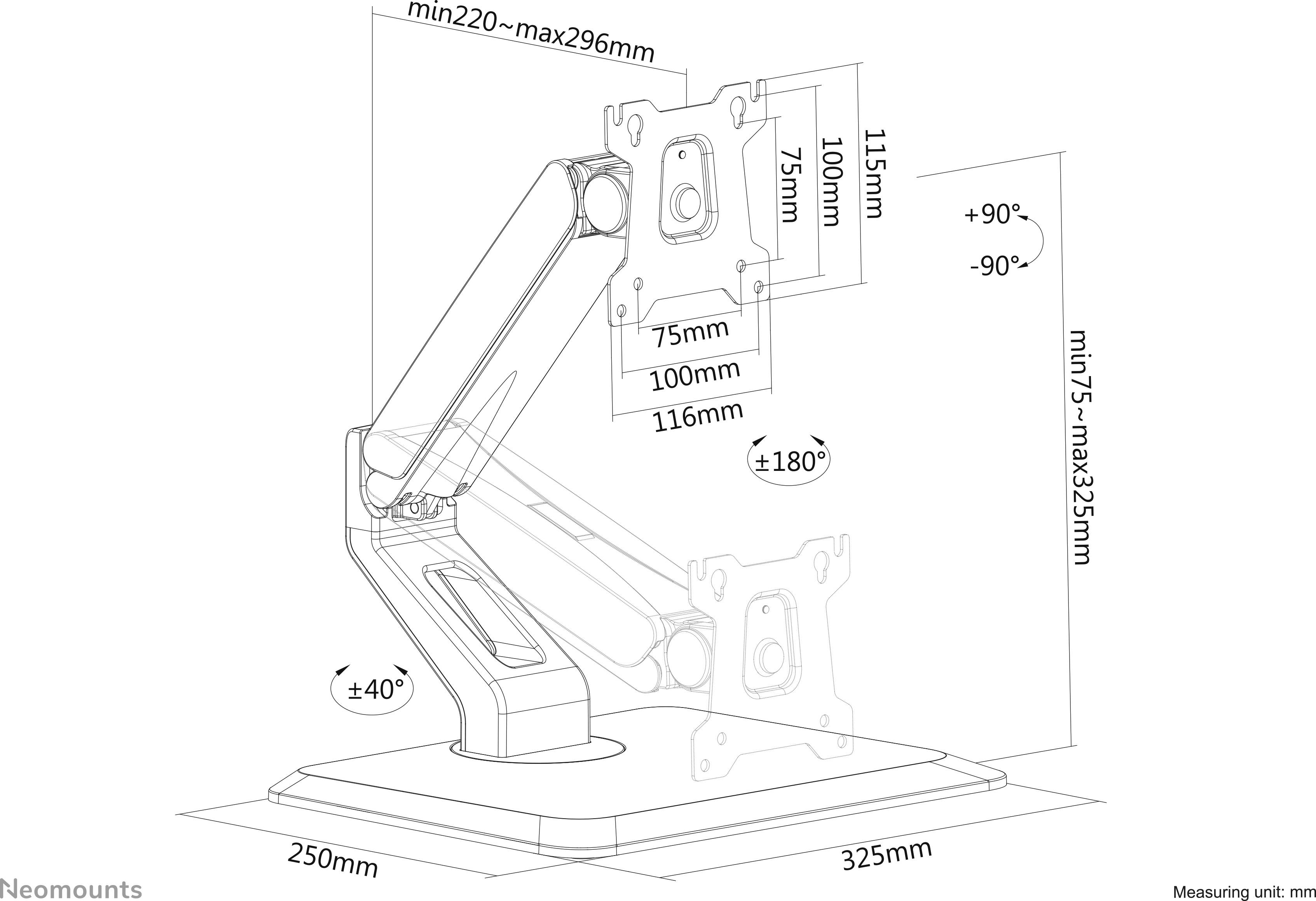 Schwenkbarer Monitorarm mit verstellbaren Höhen- und Neigungswinkeln: Höhe 115-325 mm, Neigung ±90°, Drehung ±180°, Basis 250x325 mm.