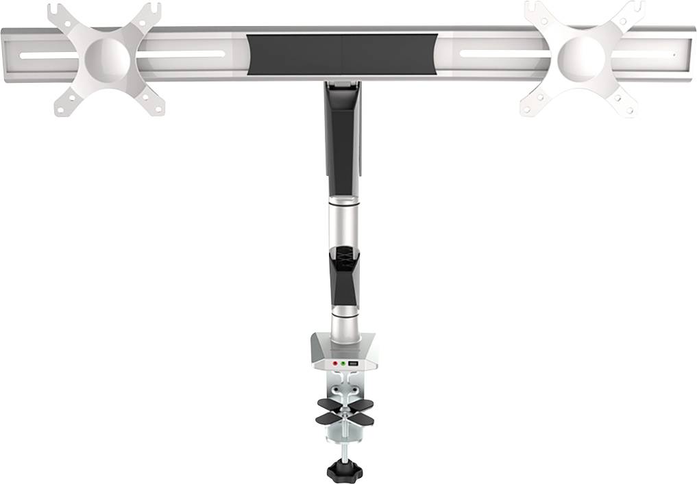 Doppelter Monitorhalter aus Metall zur Befestigung an einem Schreibtisch, geeignet für zwei Bildschirme, mit flexibler Höhenverstellung.