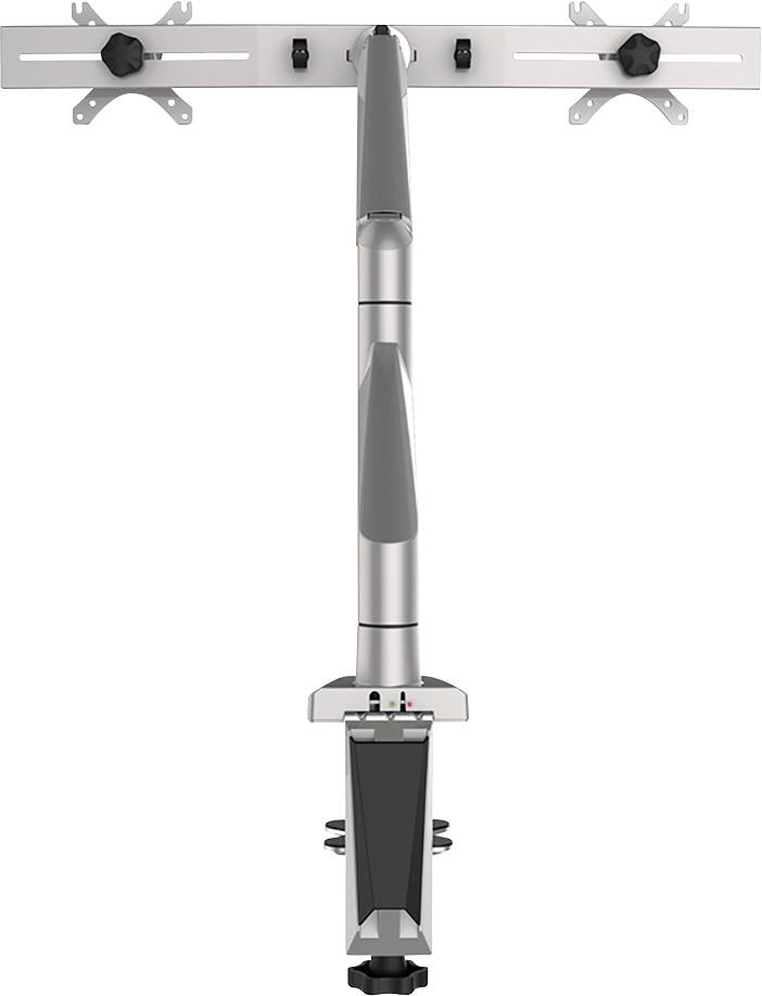 Metallischer Monitorarm mit zwei Halterungen für Bildschirme, zentraler Gelenkarm zur Positionierung, geeignet für Schreibtische.