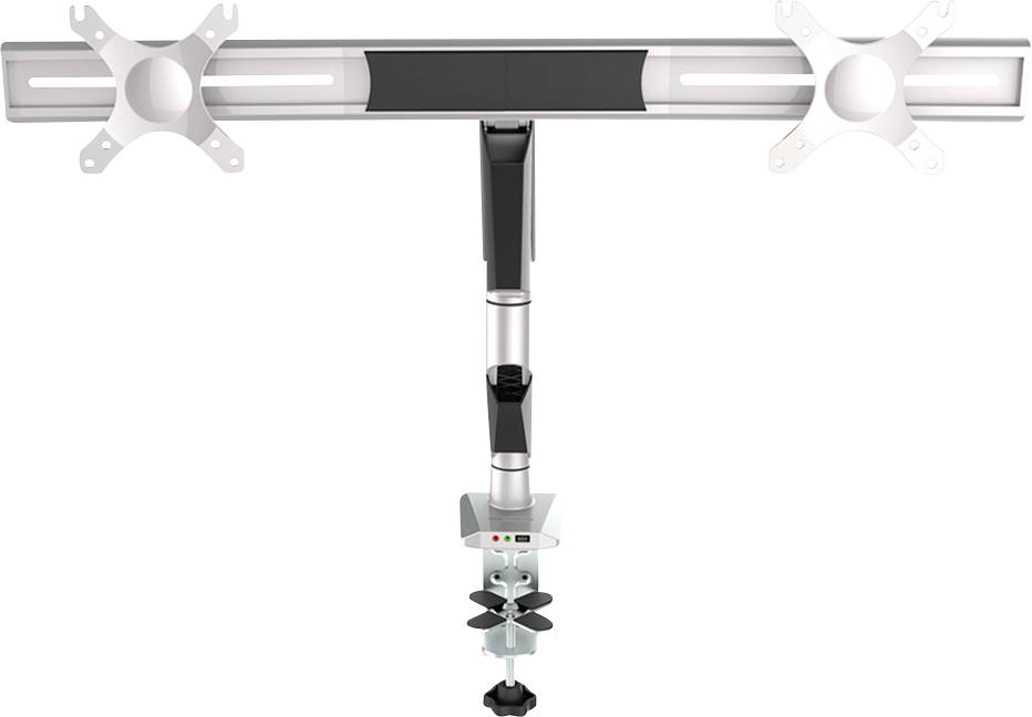 Monitorhalterung für zwei Bildschirme, mit verstellbaren Armen und Klemmbefestigung für den Schreibtisch. Geeignet für ergonomische Arbeitsplätze.
