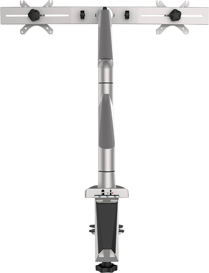 Doppelter Monitorarm aus Metall für Schreibtische, mit verstellbaren Befestigungen, ideal zur Optimierung des Arbeitsplatzes.